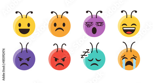 Collection of cartoon insect emoticons representing various emotions on white