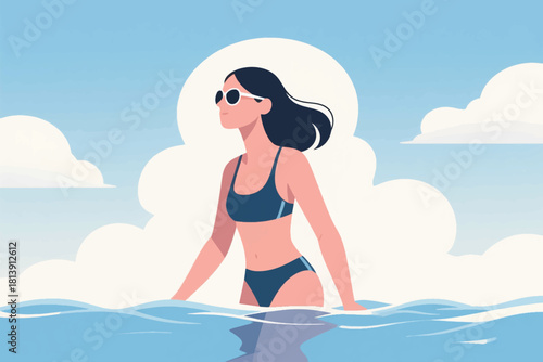 Vector illustration of a woman in blue bikini standing in water under bright sky with white clouds.