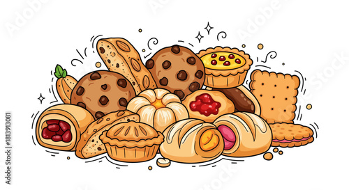 Delicious Assortment of Baked Goods Cookies, Cakes, and Pastries