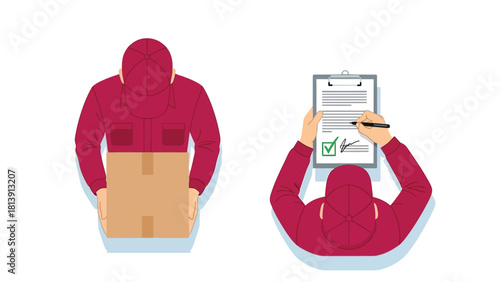 Delivery Service Confirmation Illustration Set: Courier Holding Package and Recipient Signing Clipboard for Successful Delivery (Top View)