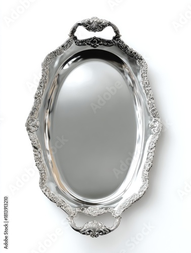Oval silver serving tray with ornate handles