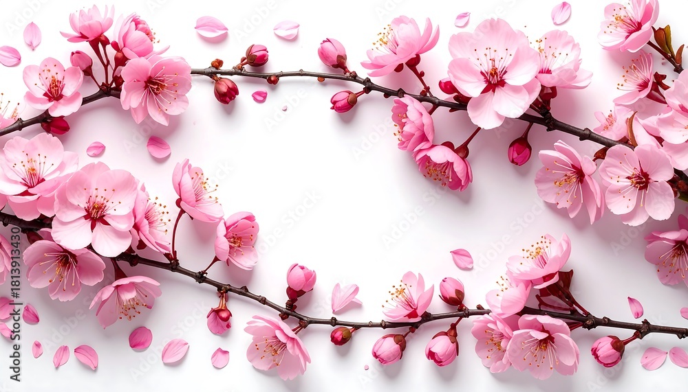 Fototapeta premium Delicate Pink Cherry Blossoms Frame on White Background - A Springtime Delight.
