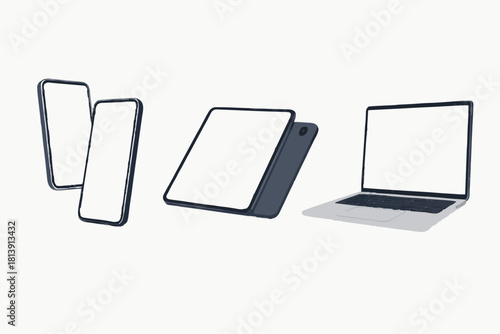Gadget Mockups set (Smartphone, tablet, laptop, notebook) in Realistic 3d style. Futuristic device in perspective and isometric view. Axonometric view of the gadgets with blank screen for you design