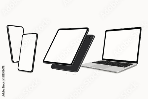 Gadget Mockups set (Smartphone, tablet, laptop, notebook) in Realistic 3d style. Futuristic device in perspective and isometric view. Axonometric view of the gadgets with blank screen for you design