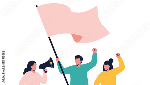 Group of protesting activists holding a large blank flag and a megaphone, demonstrating for rights, equality, or cause. Flat vector illustration.