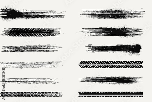Tire tread marks, wheel texture, tire marks - car races, motocross, drift, rally, off-road and other. Vector black isolated texture in grunge style with splashes. Black and white monohcrome set
