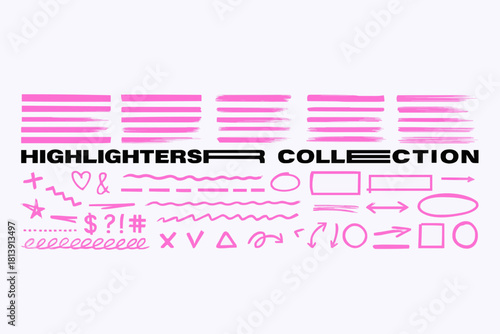 Highlighters graphic box, makers marks, underlines, arrows, notes in hand-drawn style. Underlines, lines, markers. Highlighters, scribble, doodle, notes for text, school board. Vector graphic set