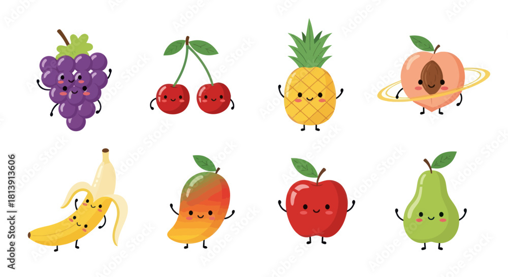 Fototapeta premium Cartoon fruits collection with happy faces perfect for educational materials