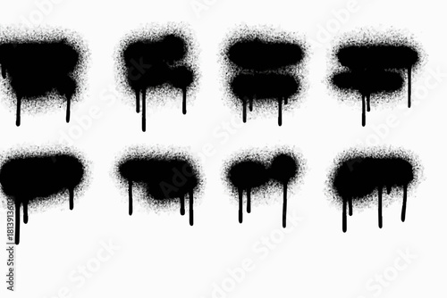 Vector spray graffiti stencil template with splashes and drips of paint on a white background. Grunge graffiti spray effect, exploding, black drops. Isolated street art and text box template. Vector