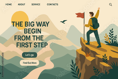 Web banner on the theme of sport tourism, Climbing, hiking, walking. Man with flag and backpack enjoys mountain view and nature. Sports, outdoor recreation, adventures in nature, vacation. Vector