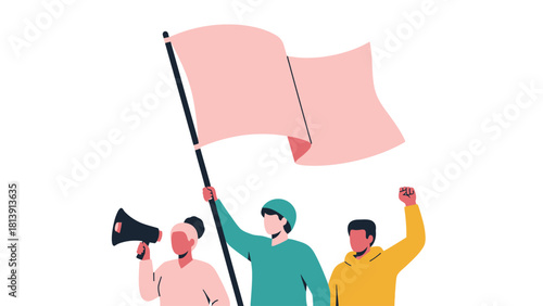 Activists Group Holding Blank Flag and Megaphone During Protest Rally Vector Illustration