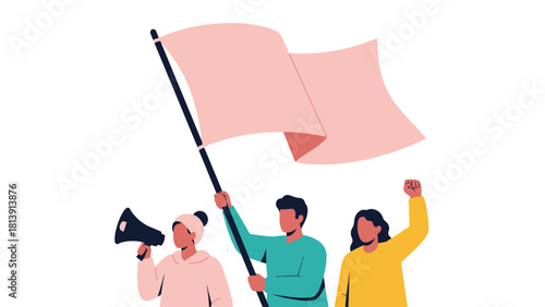 Protest illustration with blank banner flag, megaphone, and raised fist. People demonstrating for activism and human rights.