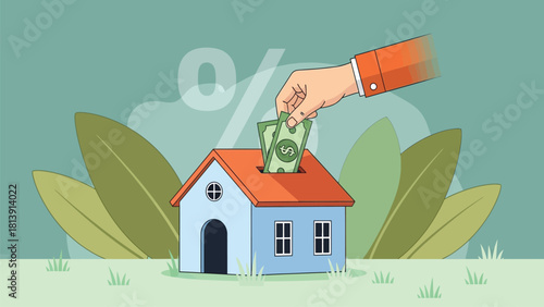 Hand Putting Money into House Shaped Piggy Bank Illustration for Home Saving, Mortgage, or Real Estate Investment