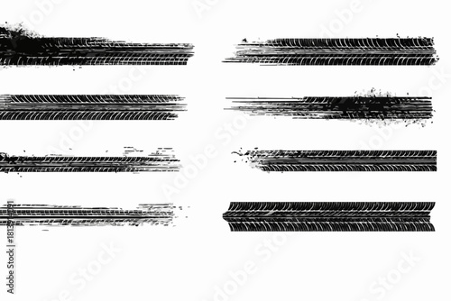 Tire tread marks, wheel texture, tire marks - car races, motocross, drift, rally, off-road and other. Vector black isolated texture in grunge style with splashes. Black and white monohcrome set