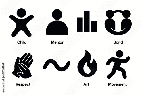 Minimalist icon set featuring child, mentor, bond, respect, art, and movement concepts for design and branding