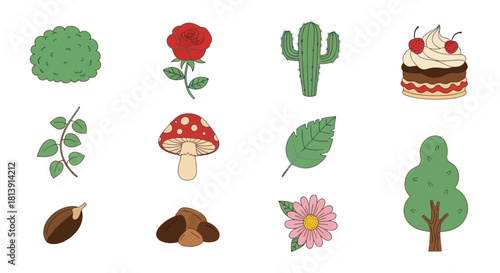Cartoon illustrations of plants food and nature elements isolated