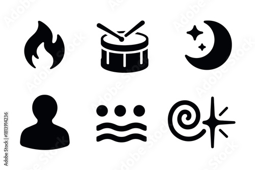 Bold minimalist icon set featuring fire, drum, moon, person, wave, and spiral for modern design projects