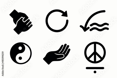 Minimalist icon set featuring hands, rotation, arrow, yin yang, and peace symbols for design projects