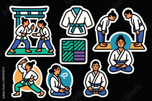 Martial arts icons for design and decoration featuring karate and judo elements