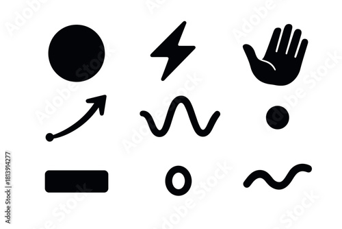 Bold minimalist icon set featuring shapes and symbols for modern design