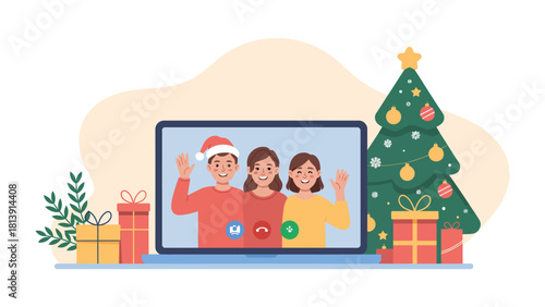Christmas Greetings:  A cheerful family, seen via a laptop screen, spreads holiday joy, flanked by festive gifts and a decorated tree.  