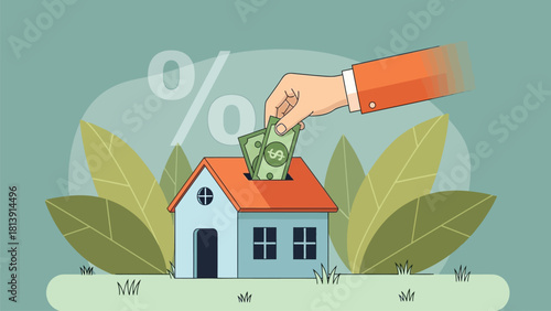 Real Estate Investment and Savings Concept Vector Illustration. Hand Putting Money into House Piggy Bank with Percent Symbol.