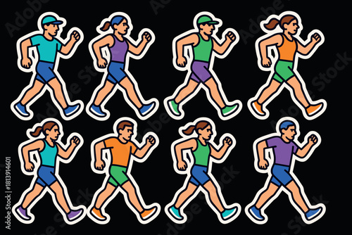 Colorful race walking icons for sports and fitness illustration design