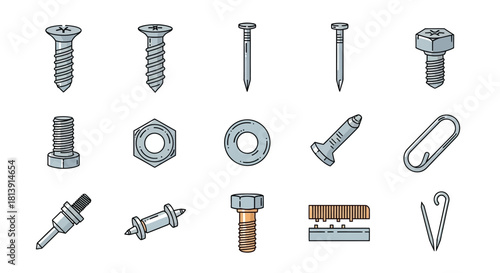 Collection of various fasteners including screws, nuts, bolts, and nails.