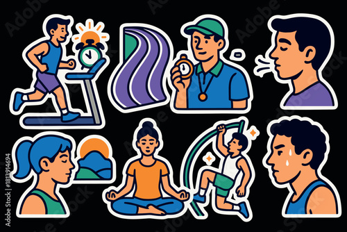 Morning fitness and meditation routine icons for wellness and health design