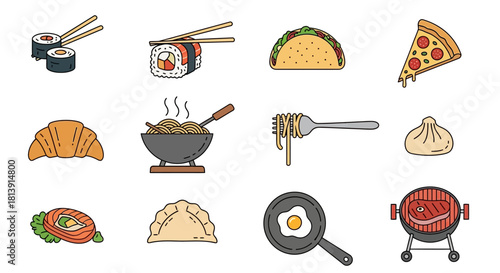 Colorful Set of International Cuisine Food Icons.