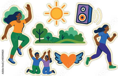 Vibrant zumba fitness icons with energetic people and nature elements for exercise motivation