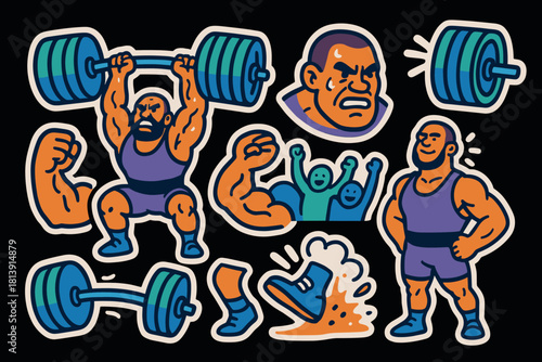 Strongman icon set for fitness and sports enthusiasts illustrations