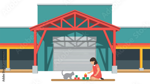 Girl Playing with Blocks and Cat in front of Storage Building Entrance Vector Illustration