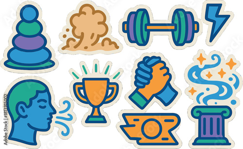 Vibrant atlas stone sticker set featuring fitness, success, and ancient greek symbols for creative designs