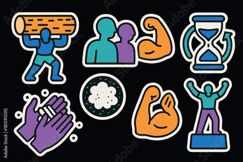 Strength and determination icon set for fitness and motivation designs