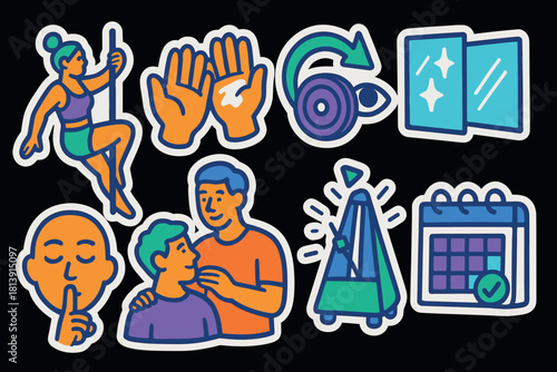 Comprehensive training icon set featuring fitness, instruction, and planning elements