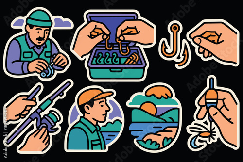 Fisherman icons set featuring hooks, reels, and scenic views for outdoor adventure designs