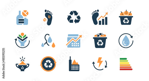 Set of environmental sustainability and recycling icons.