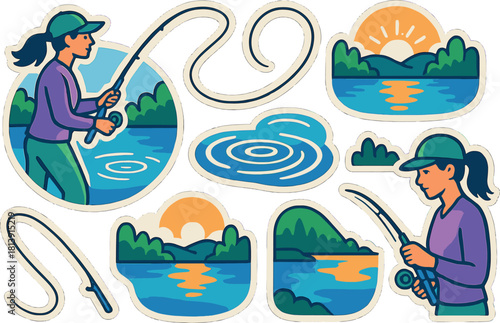 Fishing harmony icons set - nature, leisure, and outdoor adventure