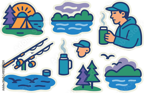 Fishing camp serenity: outdoor adventure and nature escape illustration for camping and recreational design