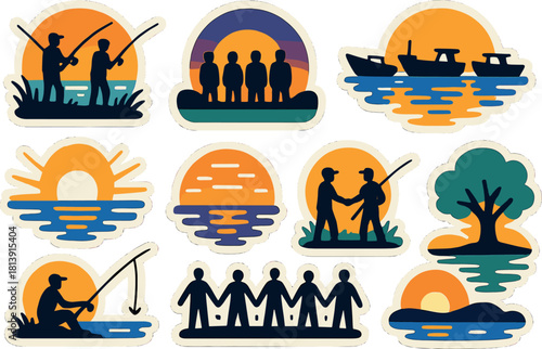 Colorful sunset fishing icons collection for outdoor adventure and nature design