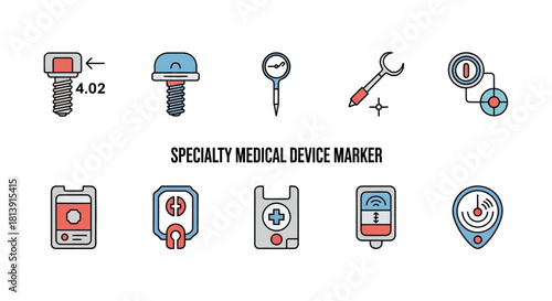 Specialty Medical Device Marker Icon Set Collection.