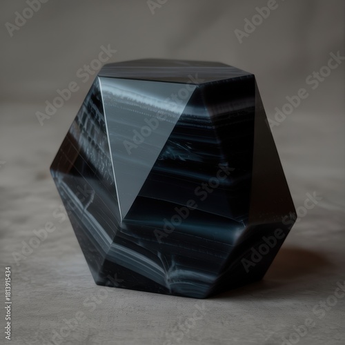 Polished dark geometric crystal with white stripes