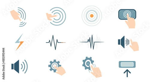 Set of various interactive technology icons with hands touching screens and symbols.