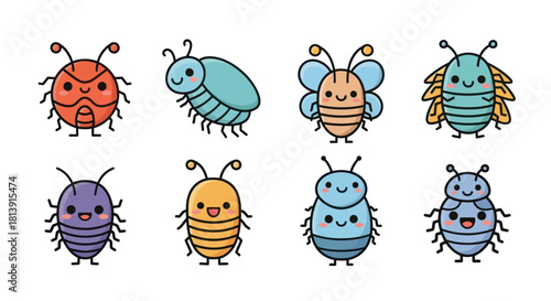 Cartoon insects collection various cute bugs with diverse colors and expressions