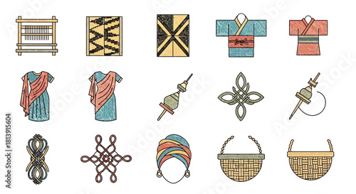 African Textile and Craft Icons Set.