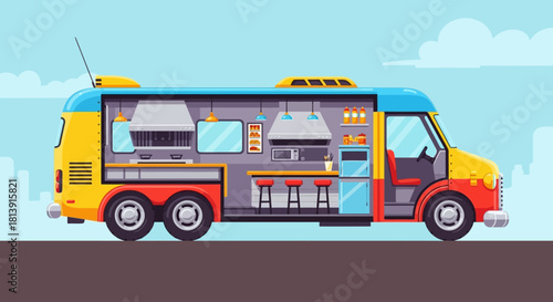 Colorful Food Truck Interior and Exterior View.