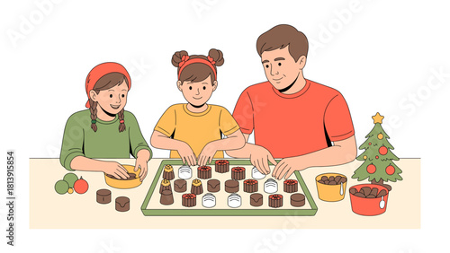 Family Bonding in the Kitchen: A father and his two children gather around the kitchen table.