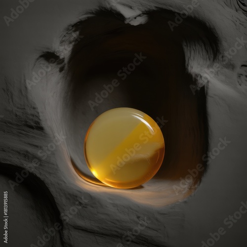 Translucent yellow sphere in dark textured cave image