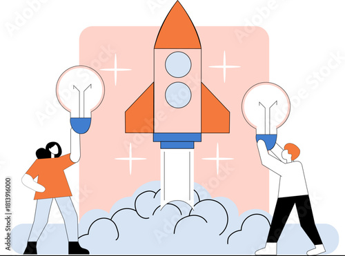 Teamwork launching a rocket ship with light bulb ideas for a successful startup